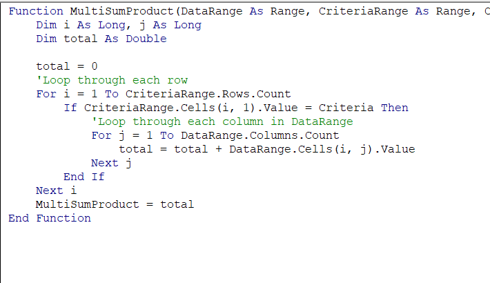 Create a VBA UDF for Multi-Column SUMPRODUCT