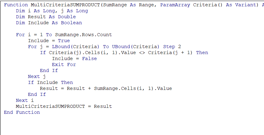 VBA Function for SUMPRODUCT with Multiple Conditions