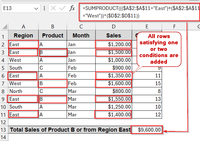 SUMPRODUCT with Multiple Criteria Using OR Conditions