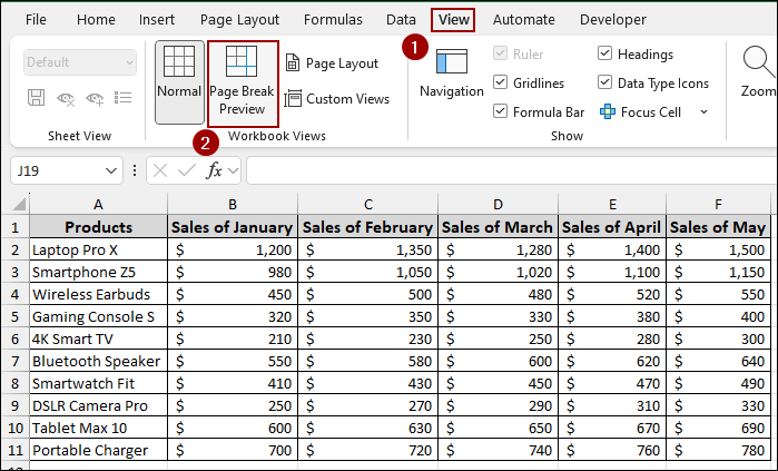 Adjusting Content Spread via the Page Break Preview Option