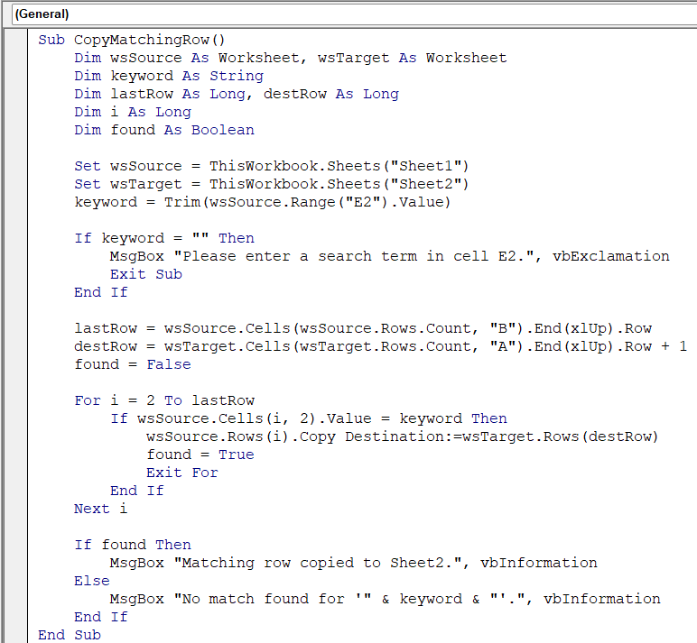 Search a Column and Return the Entire Matching Row