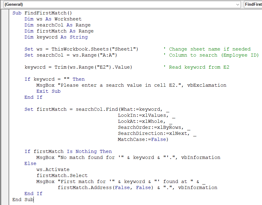 Find the First Match in a Column Using Range.Find
