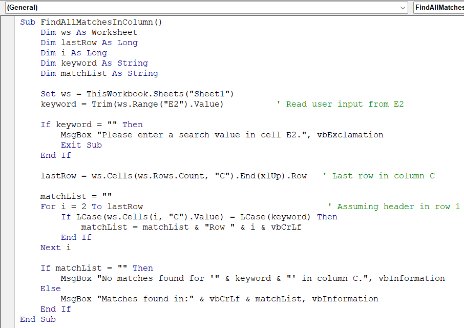 Search for All Matches in a Column Using a Loop