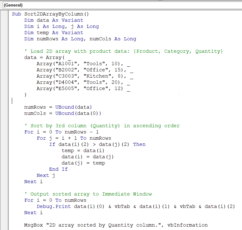 Sort a 2D Array by Specific Column Using VBA