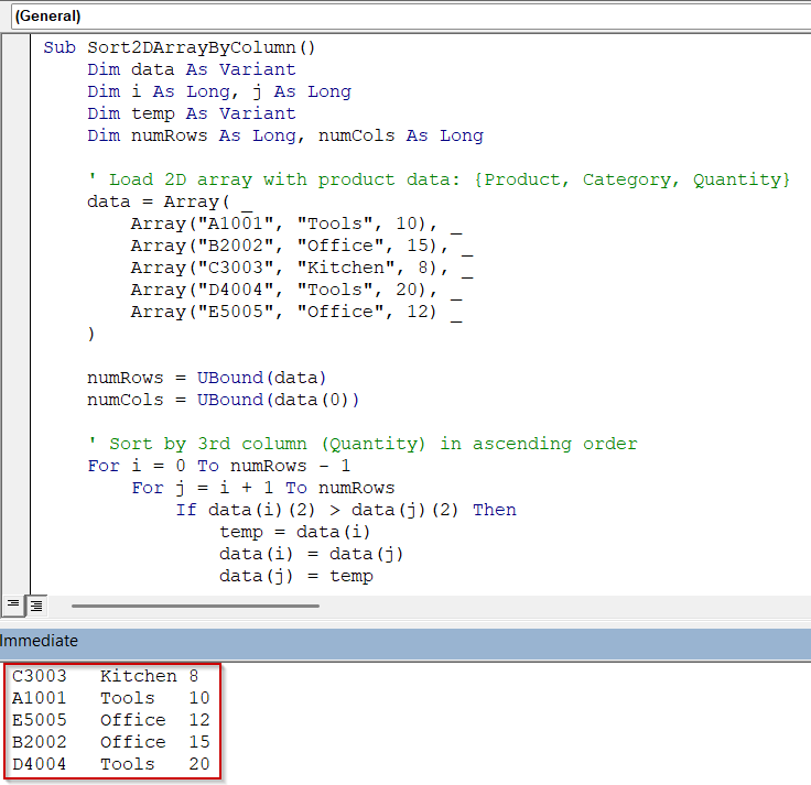Sort a 2D Array by Specific Column Using VBA