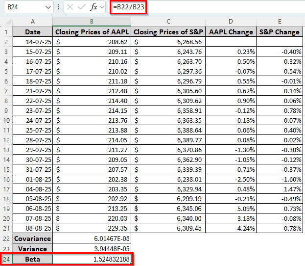 Combining COVARIANCE.P and VAR.P to Calculate Beta
