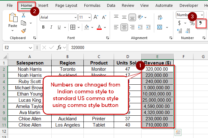 Using the Comma Style Button from the Home Tab