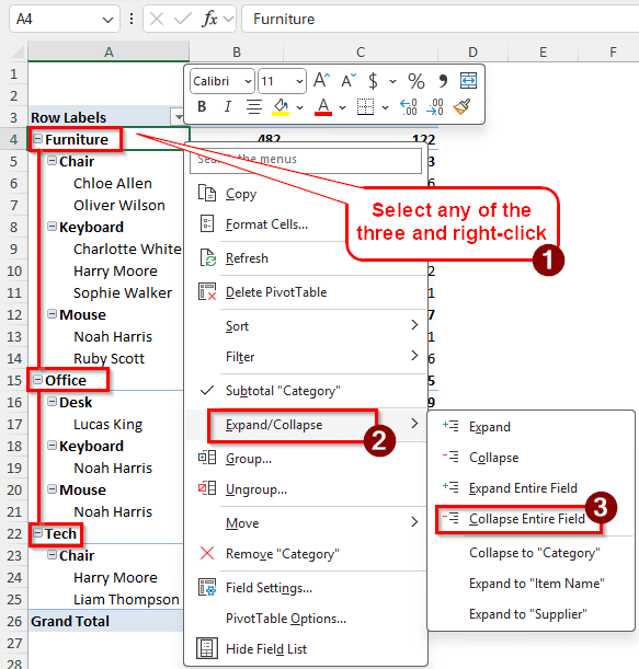 Using the Context Menu to Collapse All Rows in the Pivot Table