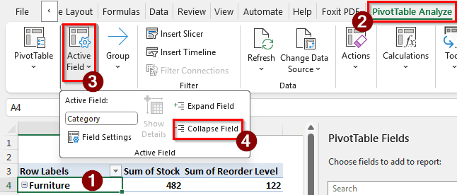 Making Use of the Ribbon to Collapse All Rows in the Pivot Table