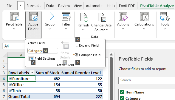 Utilizing Keyboard Shortcuts to Collapse the Rows in the Pivot Table
