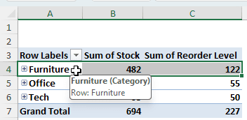 Collapsing All Rows of the Pivot Table with Keyboard and Mouse