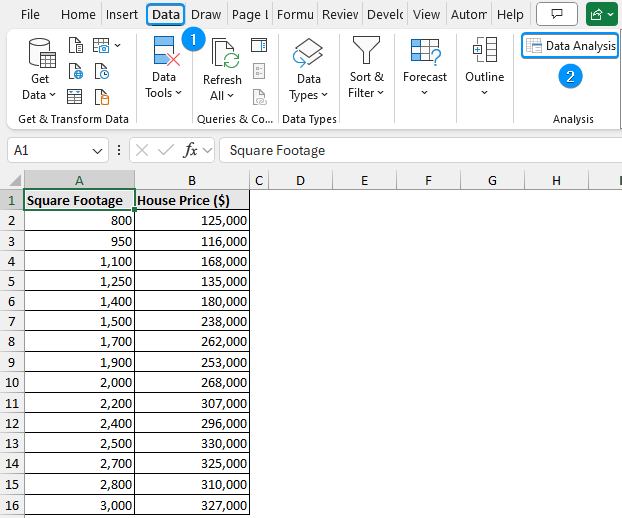 Data analysis tool in the Data tab
