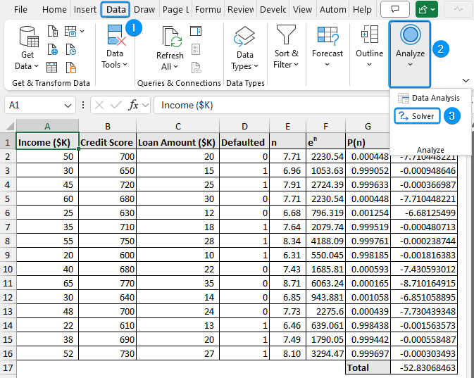 Locating solver in the Data tab