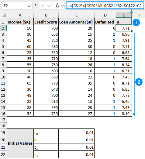 Applying the logit formula and using Fill Handle tool