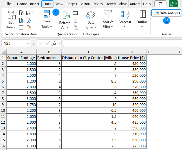 Data analysis option in the Data tab