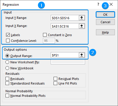 Inputs for multiple linear regression in Excel