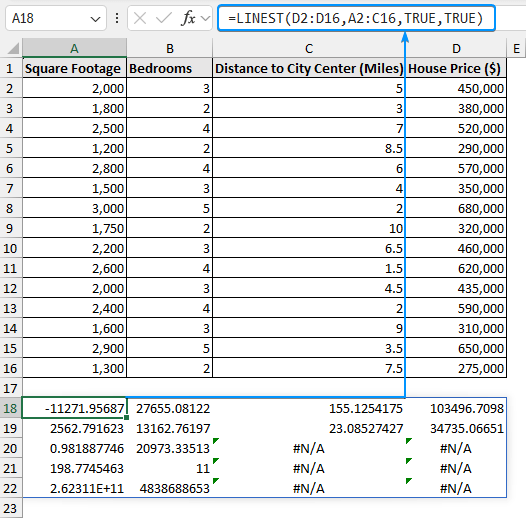 how to do multiple linear regression in excel with LINEST function