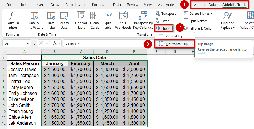 Flip Data Horizontally Using Add-ins