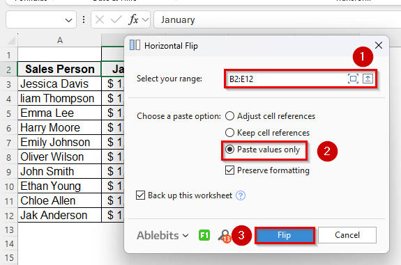 Flip Data Horizontally Using Add-ins