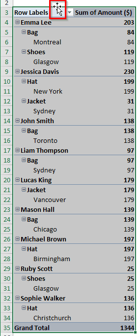 Dragging and Dropping to Move the Pivot Table in Excel