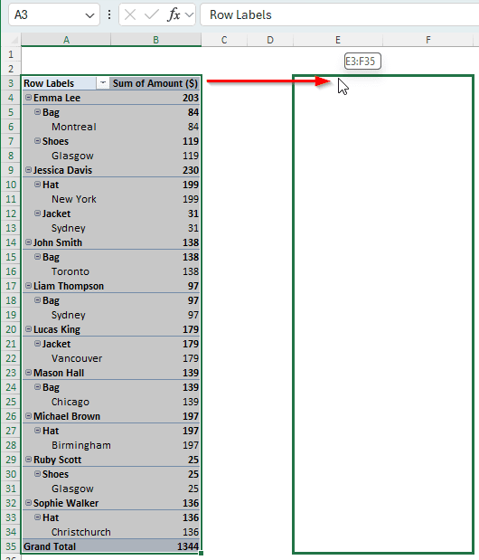 Dragging and Dropping to Move the Pivot Table in Excel