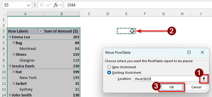 Using the Ribbon to Move the Pivot Table in Excel