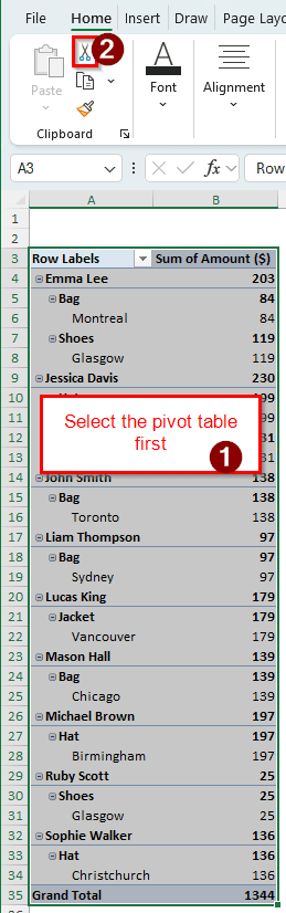 Moving the Pivot Table in Excel Using Cut & Paste
