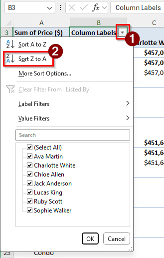 Using the Column Labels to Sort Columns