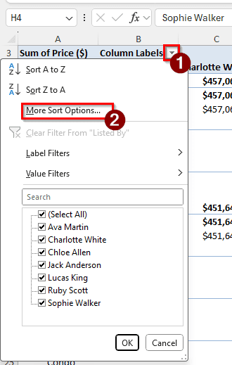 Advanced Sorting Menu