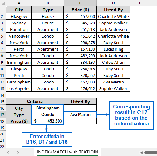 Combine TEXTJOIN with INDEX and MATCH for Multi-Criteria Search