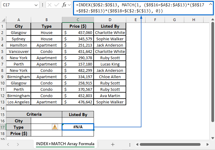 Use Array Formula with INDEX and MATCH for Three-Criteria Lookup
