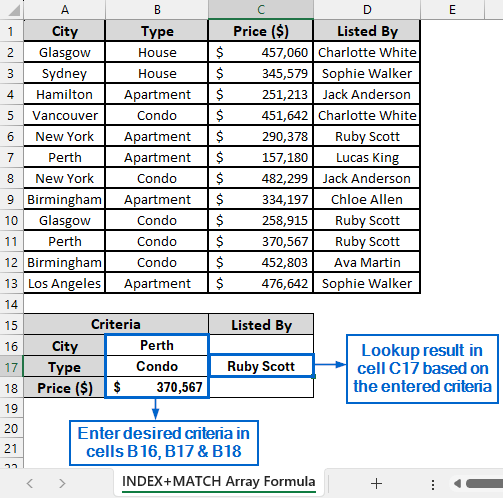 Use Array Formula with INDEX and MATCH for Three-Criteria Lookup