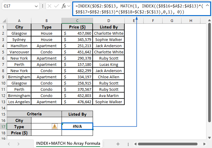 INDEX MATCH Without Array Formula