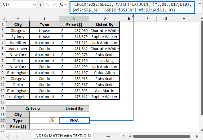 Combine TEXTJOIN with INDEX and MATCH for Multi-Criteria Search