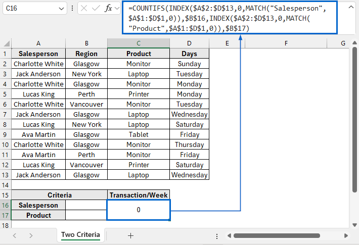 Combine INDEX-MATCH with COUNTIF for Two Criteria Lookup