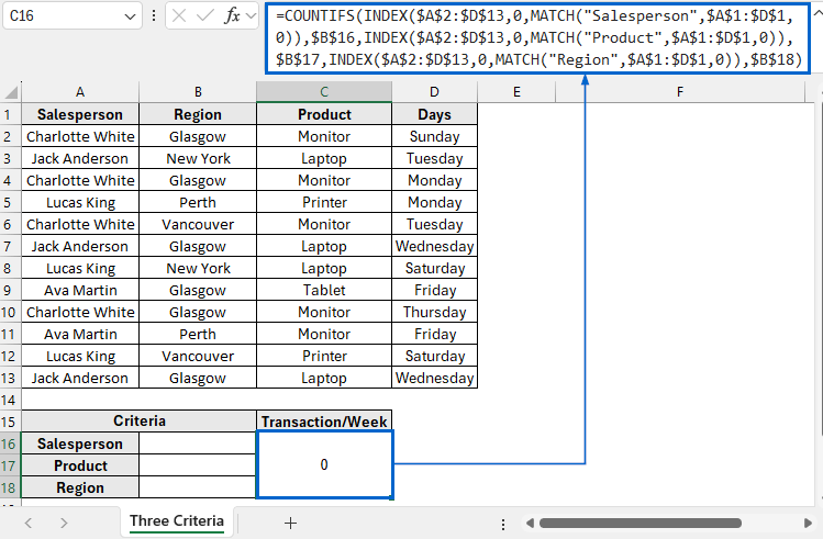 Combine INDEX-MATCH with COUNTIF for Three Criteria Lookup