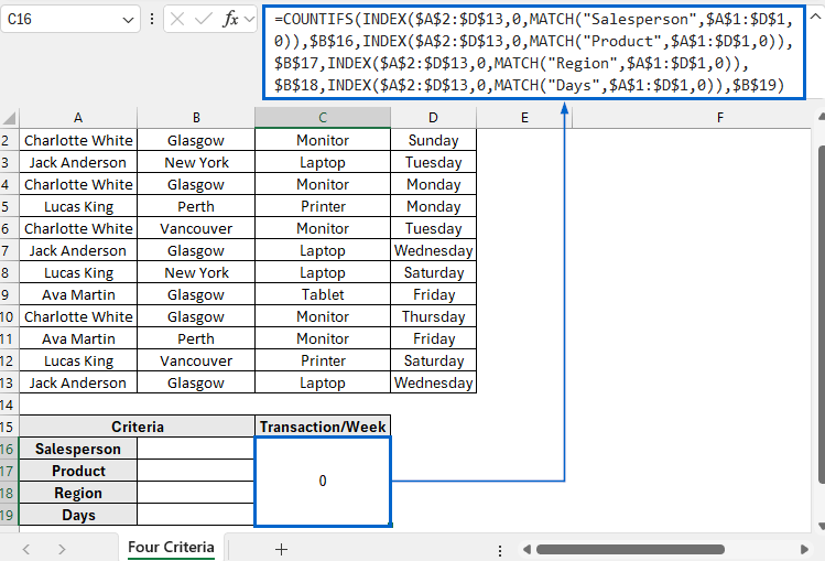 Combine INDEX-MATCH with COUNTIF for Four Criteria Lookup