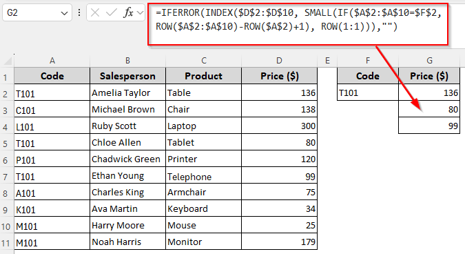 Combining the INDEX-MATCH Formula with SMALL, IF, and ROW to Return Multiple Results Vertically