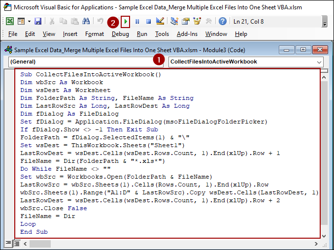 Collecting Data from Multiple Excel Files into One Sheet in an Existing Workbook