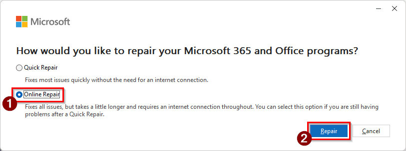 Repairing Microsoft Office 365