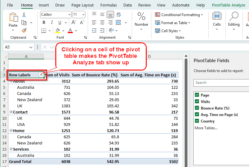 Activating the PivotTable by Selection