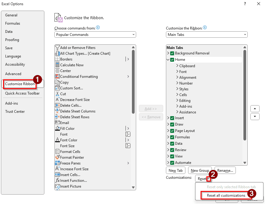 Resetting the Excel Ribbon