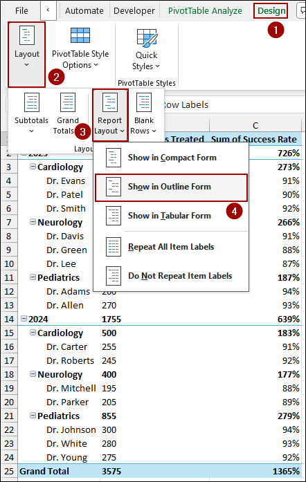 Changing Pivot Table Layout to Outline Form