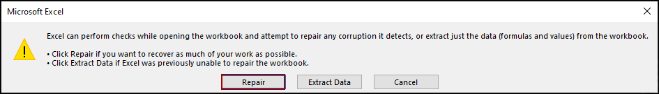 Repairing the File Using Open and Repair Tool