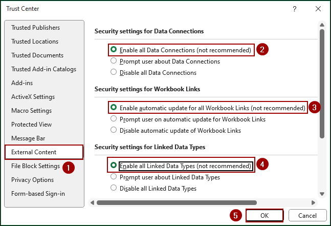 Updating Trust Center Settings