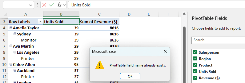 Fixing Pivot Table Field Name Already Exists Issue in Excel