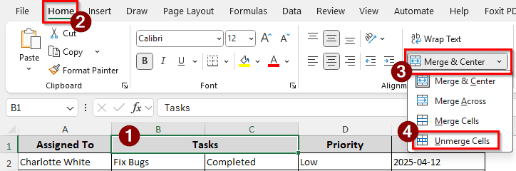 Unmerge Headings to Fix the Error