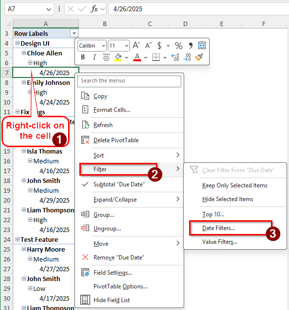 Using Date Filters to Filter the Pivot Table
