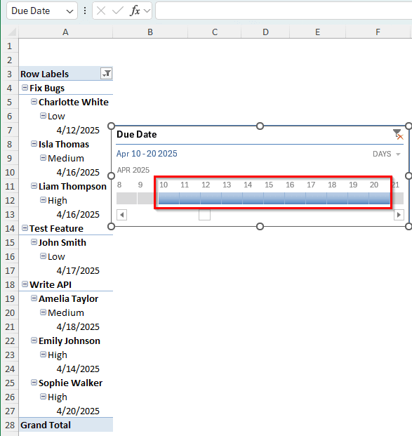 Filtering Date Range Using the Timeline