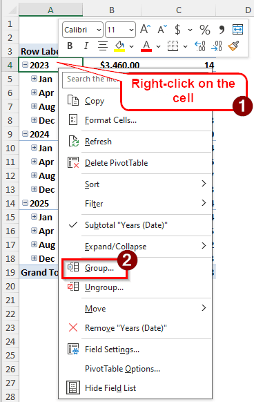 Simple Grouping of Pivot Tables in Excel